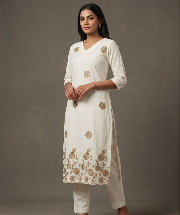 WHITE FLORAL KURTHA SET